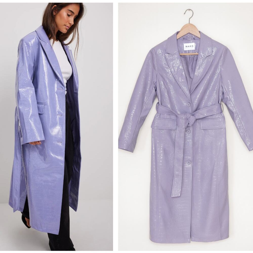 NA-KD Belted Croco Embossed PU Trench Coat Purple Shine Sz 34 / US XS $115